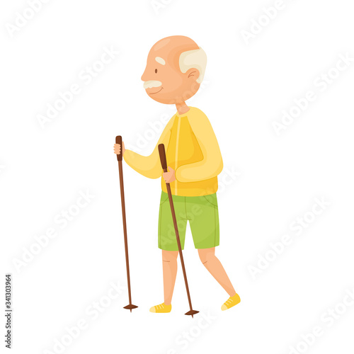 Senior Grey-haired Man with Mustache Nordic Walking Vector Illustration