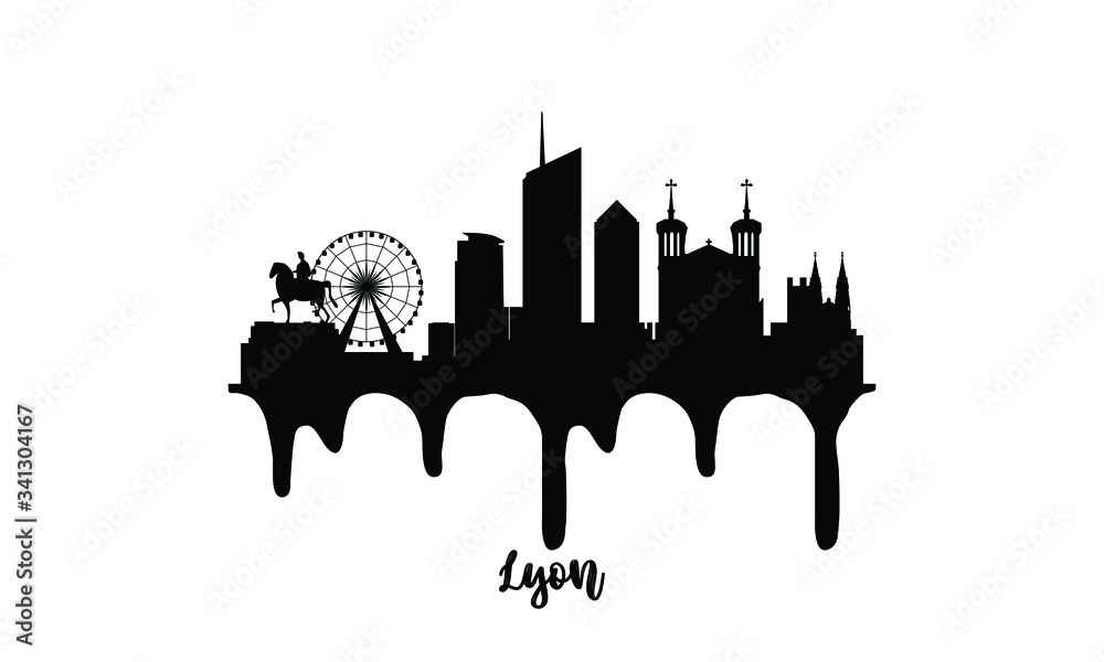 Αυτοκόλλητο Lyon France black skyline silhouette vector illustration on white background with dripping ink effect