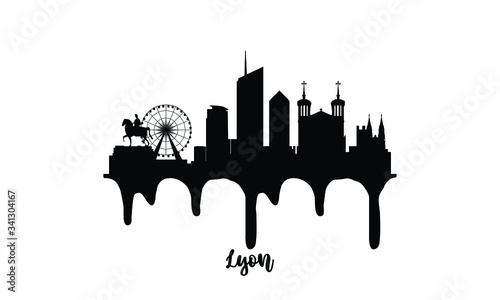 Lyon France black skyline silhouette vector illustration on white background with dripping ink effect.