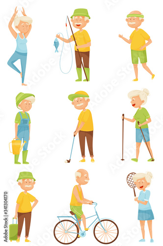 Old People Engaged in Different Activities Vector Set