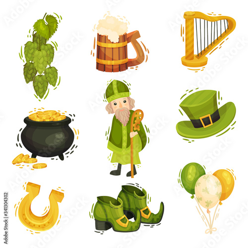 Feast of Saint Patrick Symbols and Attributes with Bishop and Beer Mug Vector Set