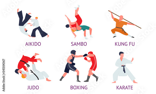 Men doing different kinds of asian martial arts with titles