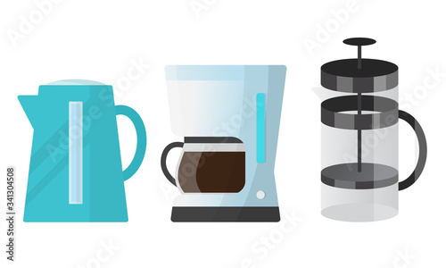 Different kitchen appliences for cooking and brewing tea vector illustration