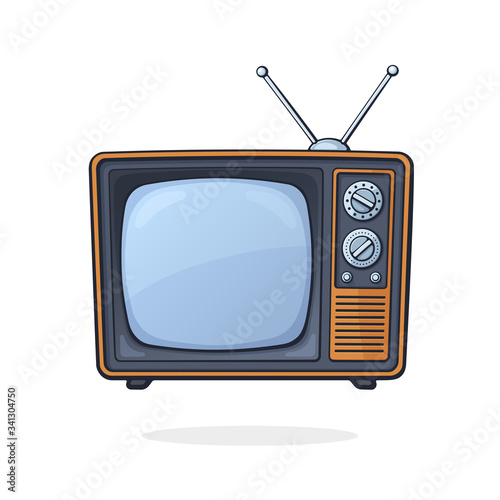 Vector illustration. Analogue retro TV with antenna, channel and signal selector. Television box for news and show translation. Clip art with contour for graphic design. Isolated on white background