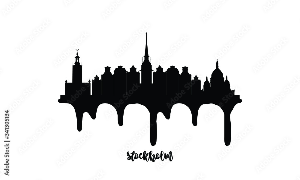 Naklejka premium Stockholm Sweden black skyline silhouette vector illustration on white background with dripping ink effect.
