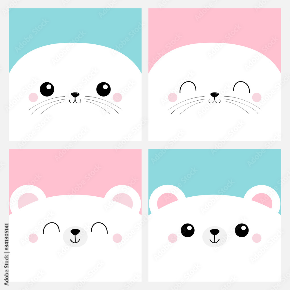 Fototapeta premium Bear, harp seal pup. White Sea lion head face square icon set. Pet baby print for notebook cover, greeting card. Cute cartoon kawaii funny character. Valentines Day. Flat design. Pink background.