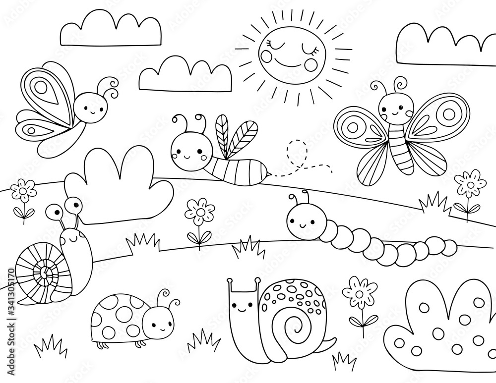 Cute Cartoon Bugs Coloring Page for kids. Vector black line