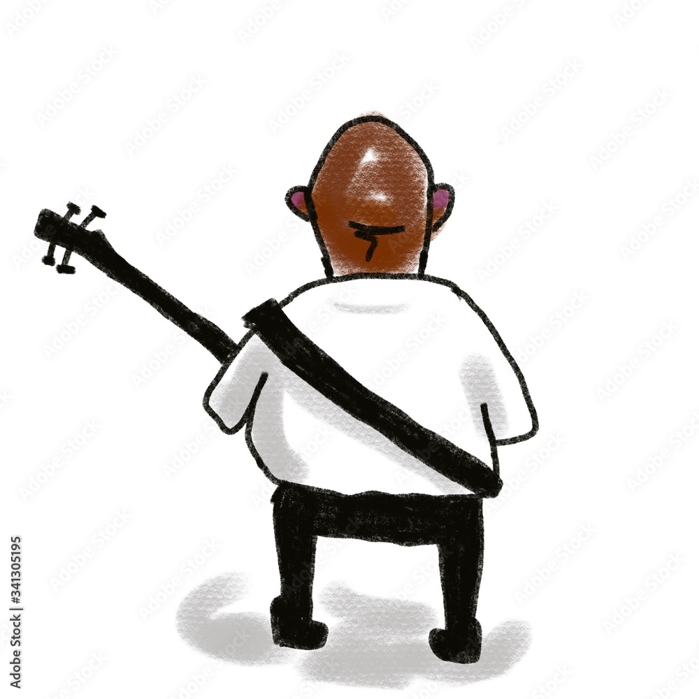 hand drawn sketch of guitarist standing and playing isolated on white back view hand drawn sketch of guitarist standing and playing isolated on white back view
