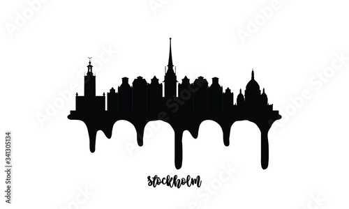 Photography Stockholm Sweden black skyline silhouette vector illustration on white background with dripping ink effect