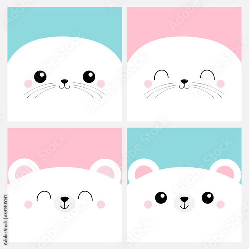 Bear, harp seal pup. White Sea lion head face square icon set. Pet baby print for notebook cover, greeting card. Cute cartoon kawaii funny character. Valentines Day. Flat design. Pink background.