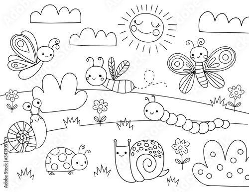 Cute Cartoon Bugs Coloring Page for kids. Vector black line illustration. Bug, insect, bee, butterfly, snail.