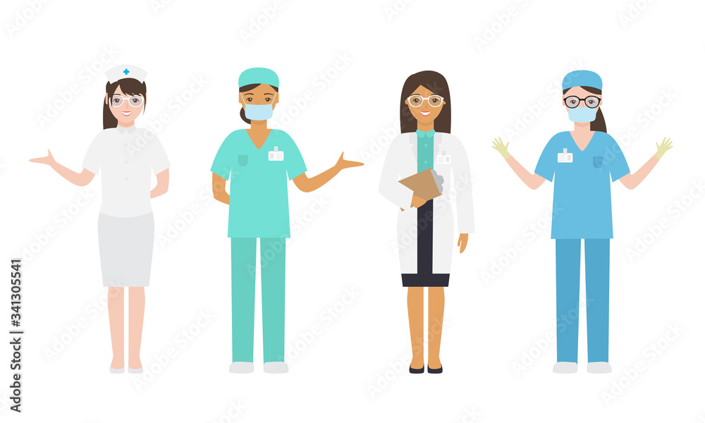 Set of different female doctors and nurses in medical attire engaged in their work. Vector illustration in flat cartoon style