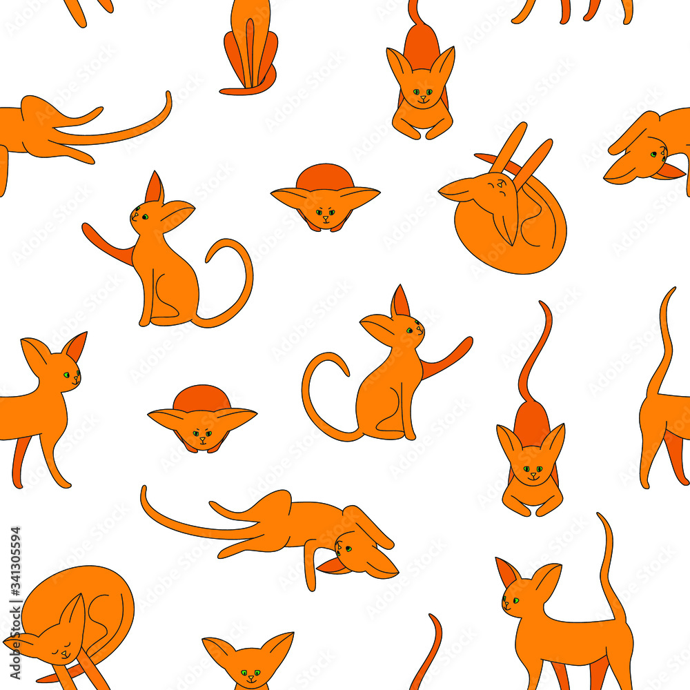 Cute red cats on white background: feline seamless pattern, rufous wallpaper and wrapping texture design, textile print. Vector graphics.