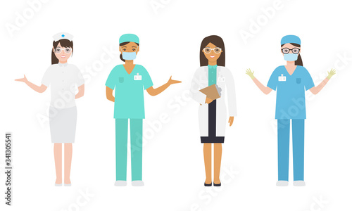 Set of different female doctors and nurses in medical attire engaged in their work. Vector illustration in flat cartoon style