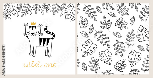 Wild One. Hand drawn baby card with tiger in a crown and jungle pattern. Doodle jungle seamless background. Kids tiger animal character. Baby poster, nursery wall art, card, invitation, birthday.