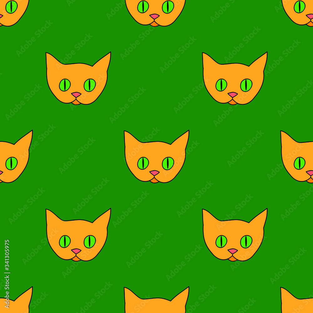 Ginger cat's faces on green background: cute seamless pattern, wallpaper and wrapping texture design, textile print. Vector graphics. Ginger cat's faces on green background: cute seamless pattern, wallpaper and wrapping texture design, textile print. Vector graphics.