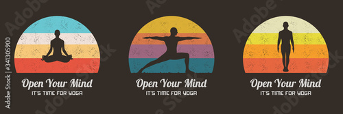 People doing yoga. Retro backgrounds set. Yogi vector silhouettes