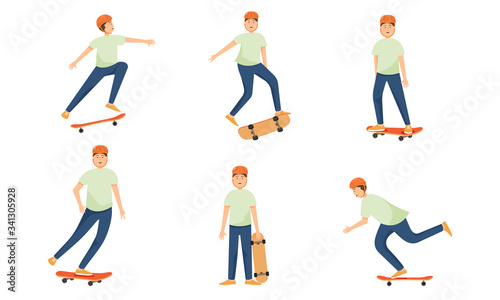 Set of skateboard teenage boy in helmet skates and performs various complex tricks. Vector illustration in flat cartoon style