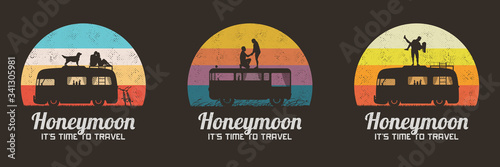 Lovers and dog on roof of retro car. Set of retro illustrations with silhouettes of loving couples in road trip. Guy carry girl, romantic marriage proposal. Vector backgrounds for prints, t-shirts