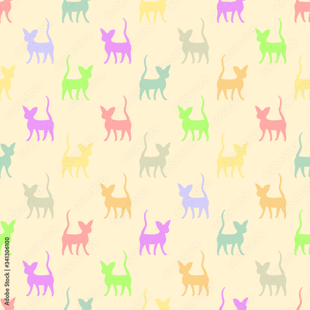 Fototapeta premium Colorful cats' silhouettes on light-orange background: feline seamless pattern, cute wallpaper and wrapping texture design, textile print. Vector graphics.