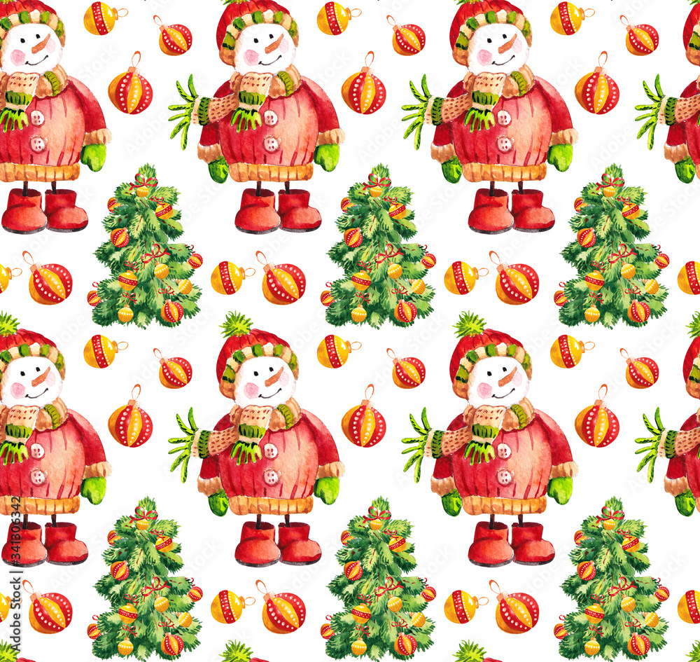 Fototapeta premium Watercolor Christmas tree illustration. Happy new year card isolated illustration of Christmas tree, decorated with bows, balls, snowman new year, celebration. Pattern.