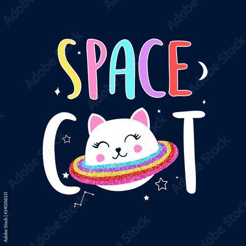 Saturn cat and space icons print design. Vector illustration design for fashion fabrics, textile graphics, prints.