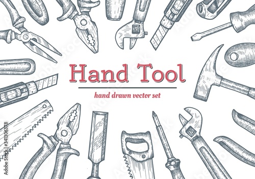 Hand tools top view frame. Collection of hand drawn engraved graphic. Vector illustration