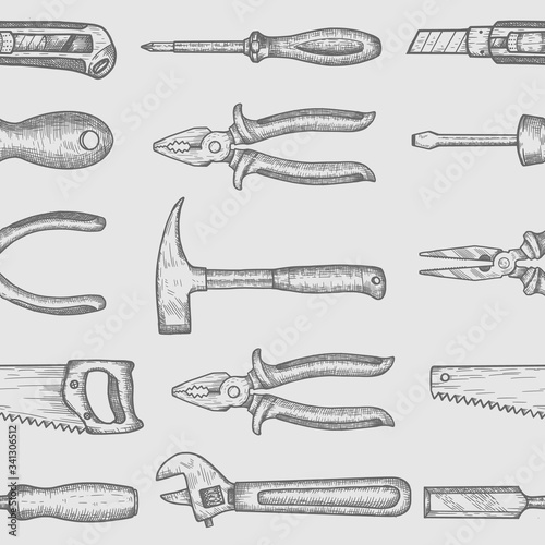 Hand tools seamless pattern. Collection of hand drawn engraved graphic. Vector illustration