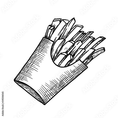 Fried chips in paper bag hand drawn engraved vector illustration.