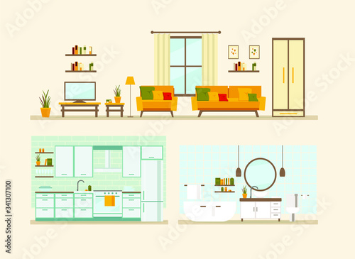 set with interiors, bathroom, kitchen, living room and bedroom, flat vector illustration of rooms with furniture