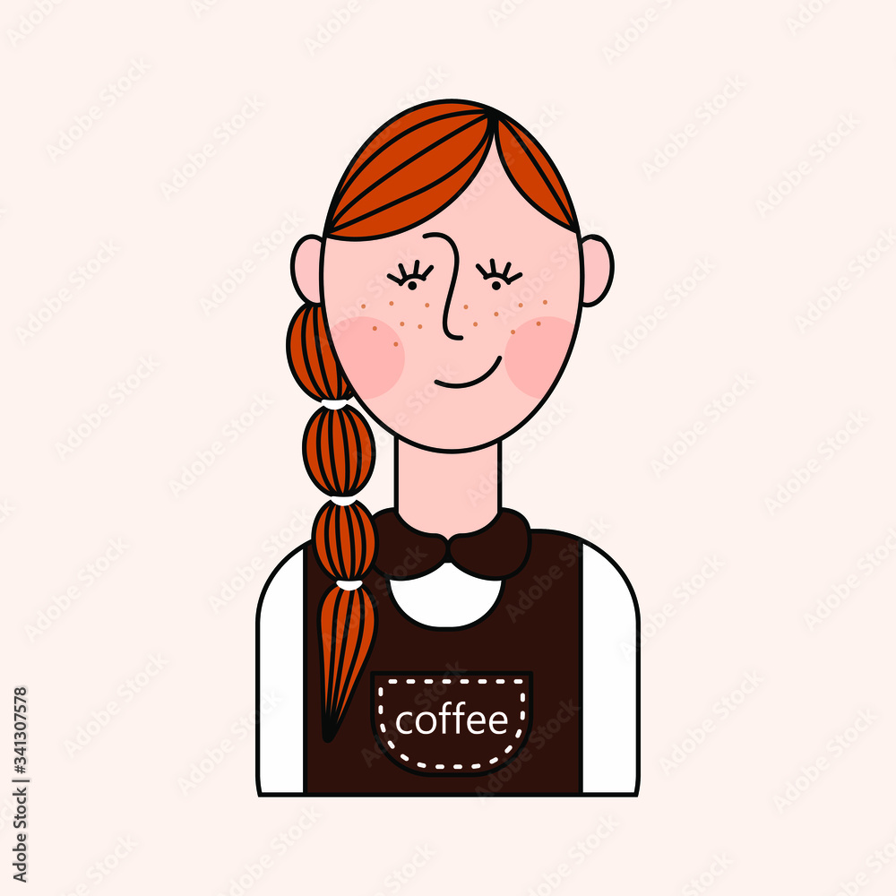 vector character - red-haired girl with freckles. Barista girl in uniform with the inscription vector character - red-haired girl with freckles. Barista girl in uniform with the inscription