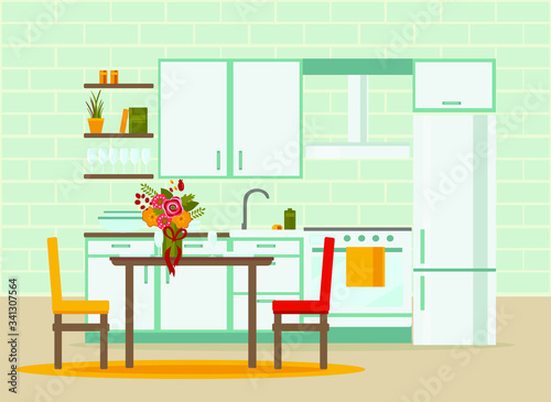kitchen interior with furniture, flat vector illustration