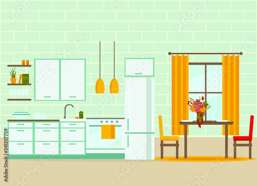 kitchen interior with furniture, flat vector illustration