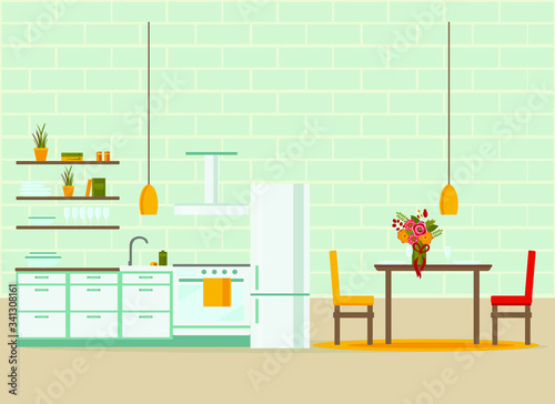 kitchen interior with furniture, flat vector illustration