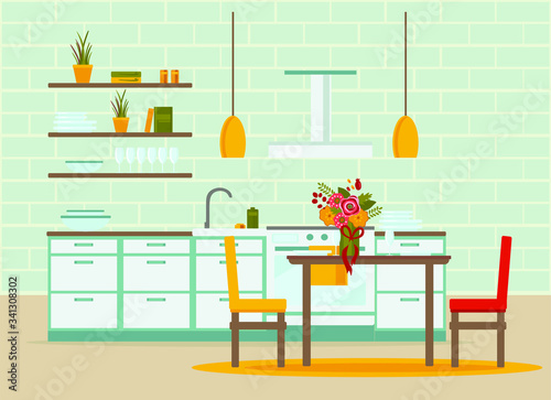 kitchen interior with furniture, flat vector illustration