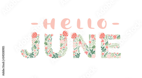 Hello June handwritten calligraphy lettering text. Summer month vector with flowers and leaves. Decoration floral. Illustration month may photo