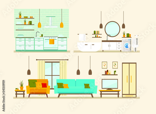 set with interiors, bathroom, kitchen, living room and bedroom, flat vector illustration of rooms with furniture
