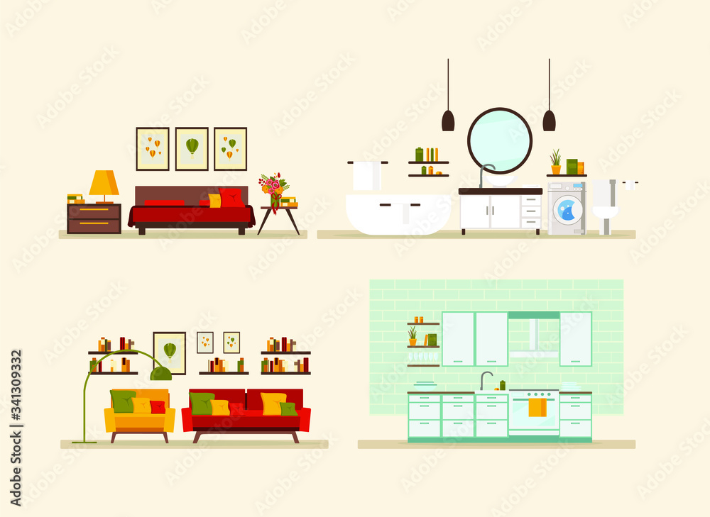 Obraz premium set with interiors, bathroom, kitchen, living room and bedroom, flat vector illustration of rooms with furniture