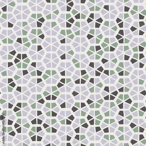 Seamless square tranquil pastel hexagon mosaic geo pattern. Serene gentle peaceful tile print. Trendy deco geometric random repeat vector pattern.