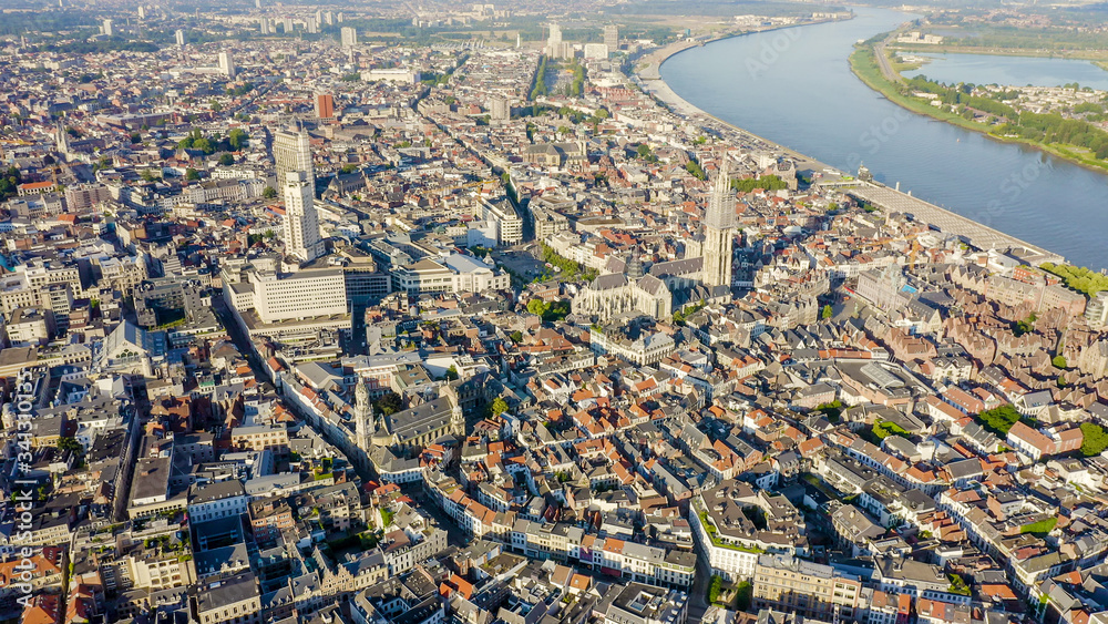 Antwerp, Belgium. Flying over the roofs of the historic city. Schelde