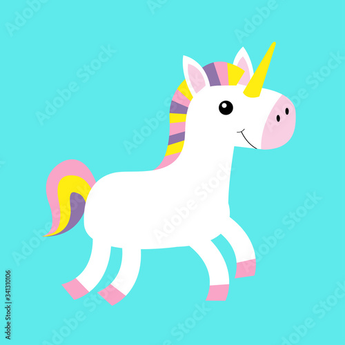 Unicorn icon. White horse jumping. Notebook cover  t-shirt print. Zoo animal. Education cards for kids. Cute cartoon kawaii funny smiling baby character. Flat design. Isolated. Blue background.