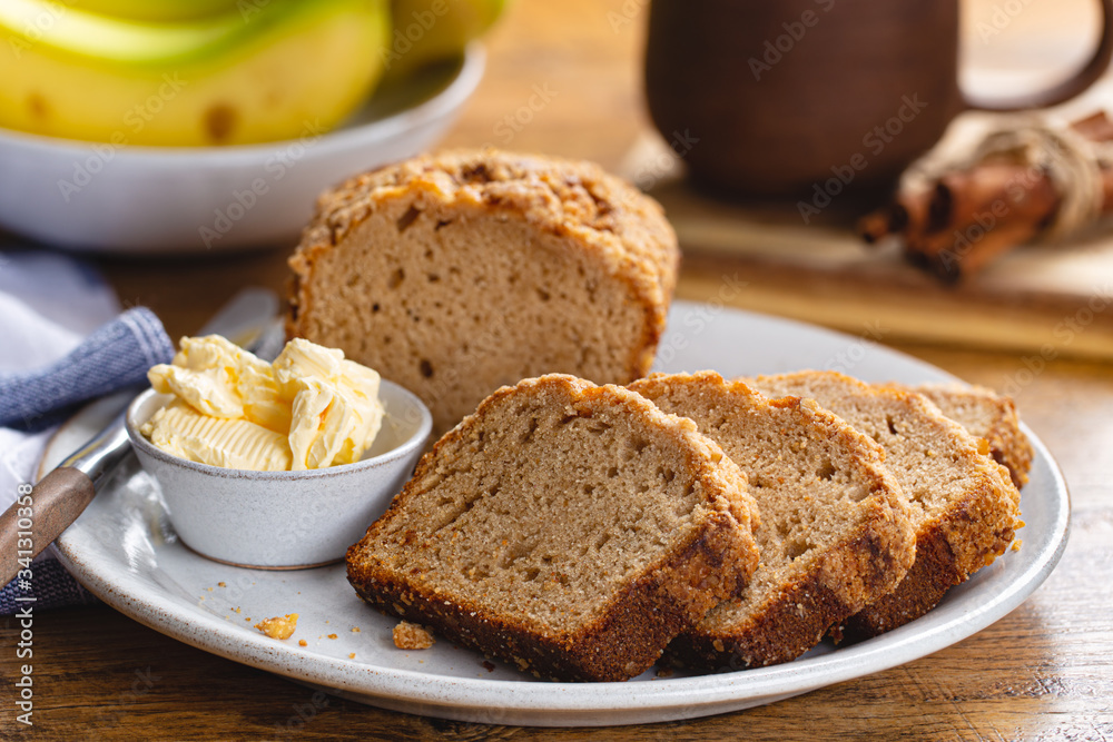 Sliced Banana Nut Loaf Cake on a Plate Sliced Banana Nut Loaf Cake on a Plate