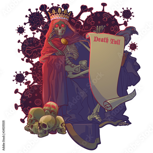Allegoric painting of the first rider of Apocalyps - The Pestilence. Human skeleton wrapped in cloak with hood and a crown sitting on a throne stomping Human skulls. Pergament scroll with a sign.
