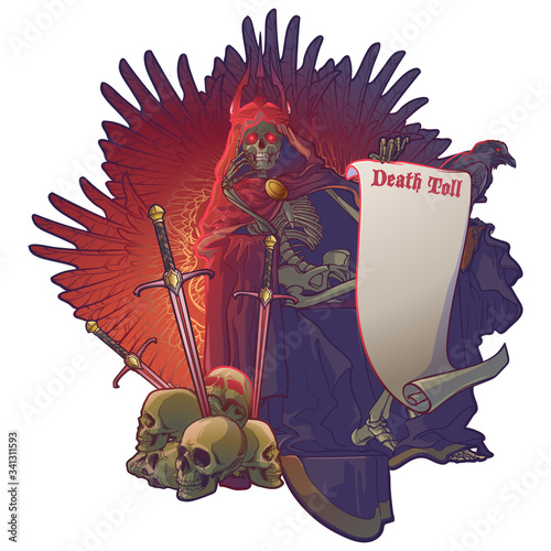 Allegoric painting of the second horseman of Apocalyps -The War. Human skeleton wrapped in cloak with hood and a crown sitting on a throne. Human skulls with swords stuck. Pergament scroll with a sign