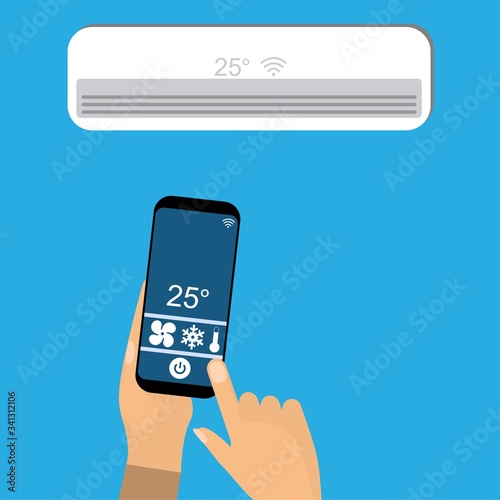 Hand using smartphone as a remote control for air conditioning