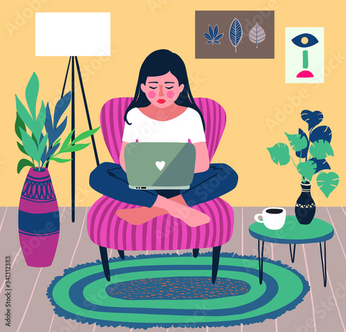 young woman with laptop computer sitting in a pink armchair and working remotely during curfew at home - hand drawn vector illustration