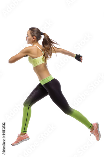 Running athlete on a white background, jump to the finish line, flying girl