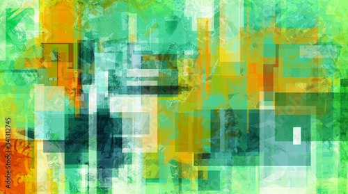 Bright banner with chaotic brush strokes, digital abstract painting. Beautiful random colors background artwork. Painting in green colors scheme with an accents