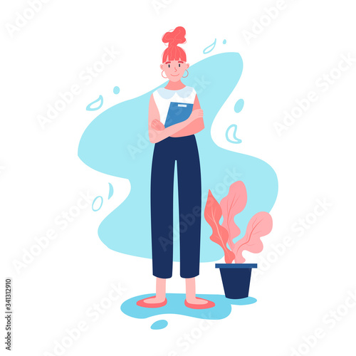 Happy businesswoman in full height. Se is holding the office desk. Old fashioned clothes with a modern haircut. Isolated cartoon flat vector illustration.