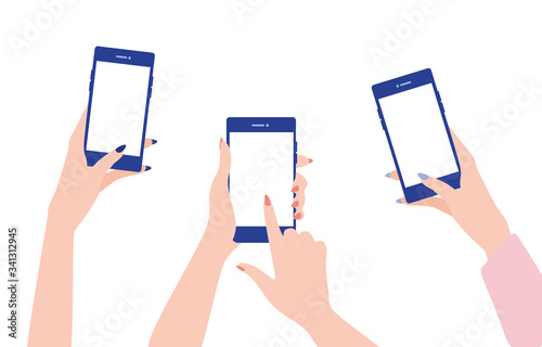 Female hands hold mobile phones and their fingers are touching screens. Modern mockup flat vector illustration. Isolated on white background.
